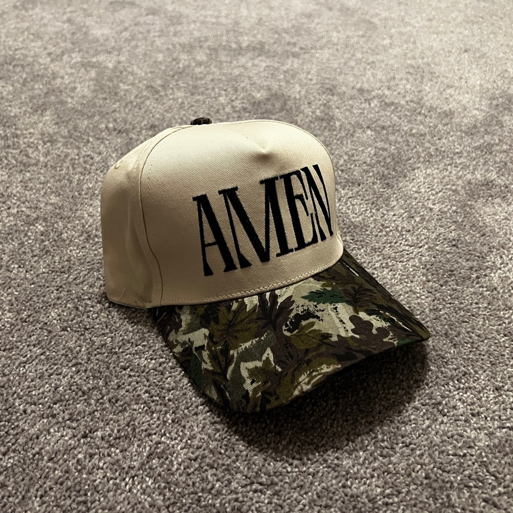 AMEN Embroidered Baseball Cap with Camouflage Brim